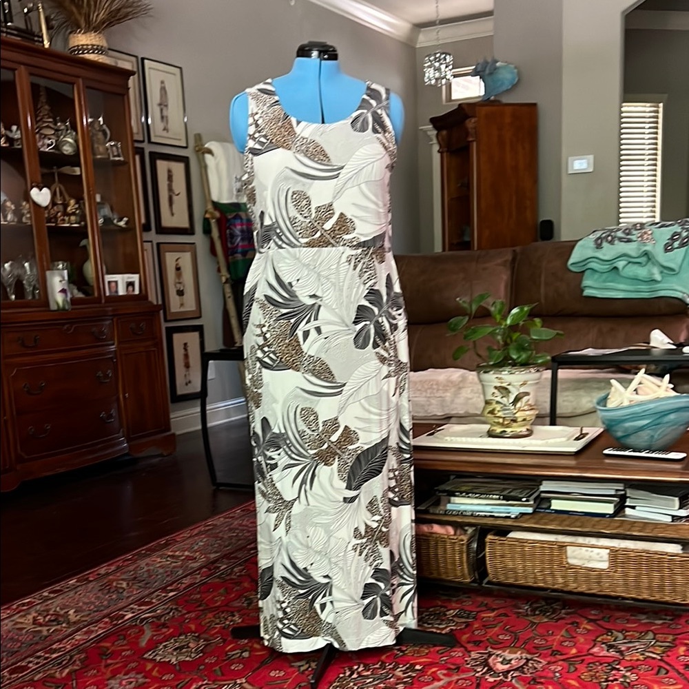 Chico's Black and Brown tropical leaf animal Print Maxi Dressi